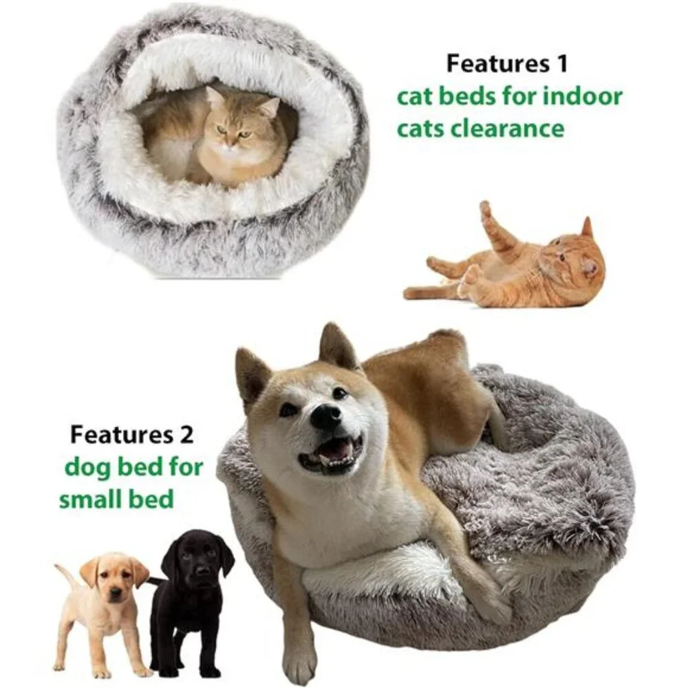 Cat Bed Small Dog Bed Round Plush Hooded Cave Anti Anxiety Cozy Indoor Pet Bed